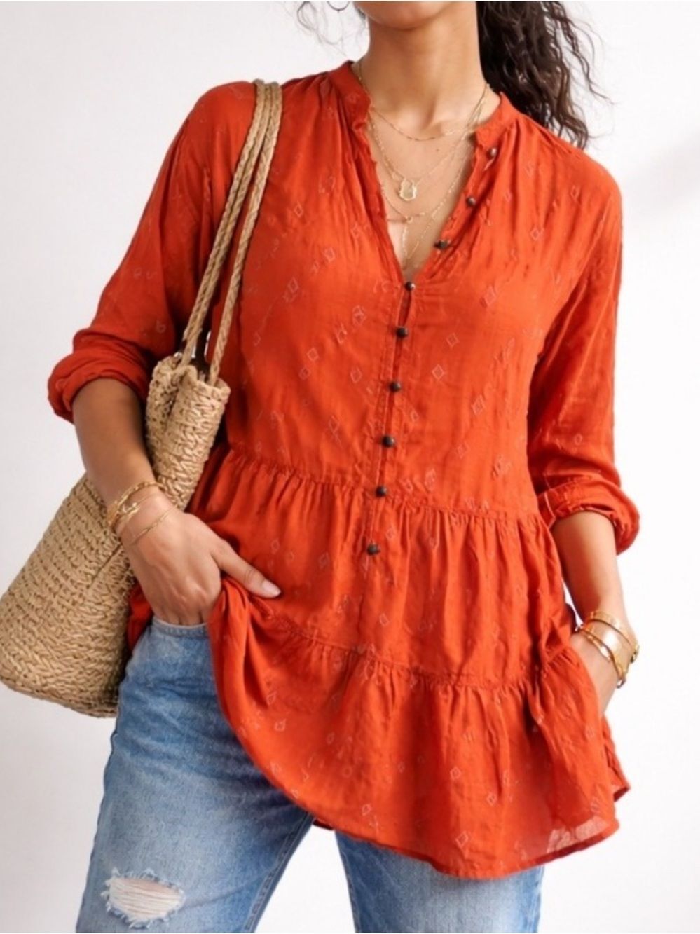 Anthropologie Pilcro Burnt Orange Tiered Tunic Cotton Boho Lightweight Size S